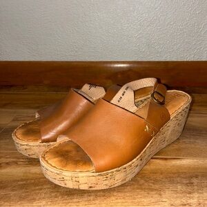 BORN Slingback Tan Leather Wedge Sandals - womens size 8